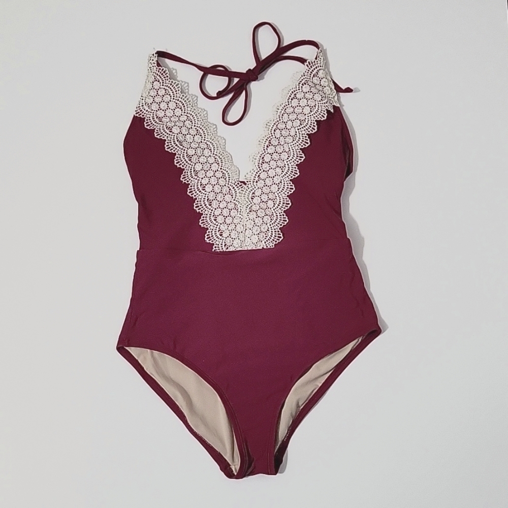 SEA ANGEL Elegant Burgundy Lace Swimsuit, Size 8